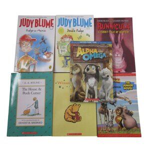 Lot of 7 Children's PB Books - Pooh - Alpha Omega - Madagascar - Judy Blume